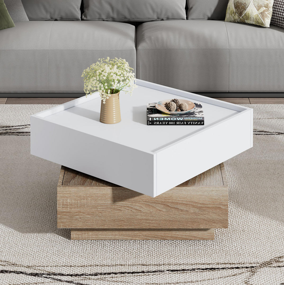 COUCHTISCH aus Spanplatte 60x60x38 cm Weiß/Walnuss mit 360° drehbarer Tischplatte und 2 Schubladen - Weiß, Holzwerkstoff (60/60/38cm) - IVMEU