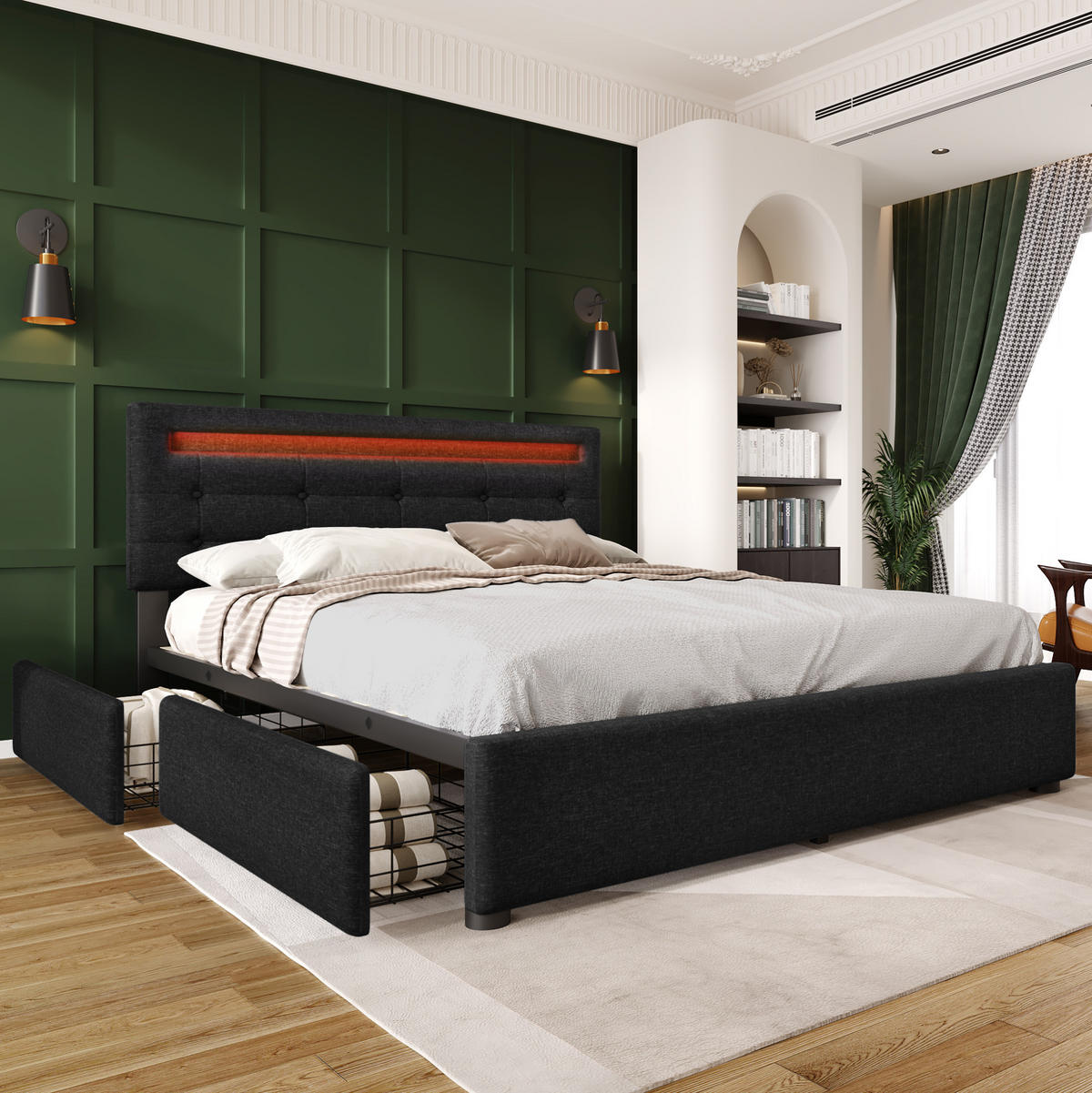 BETT mit LED und 4 Schubladen 140x200 cm Leinen Schwarz inkl. Matratze - Schwarz, Metall (140/200cm) - Meubliv