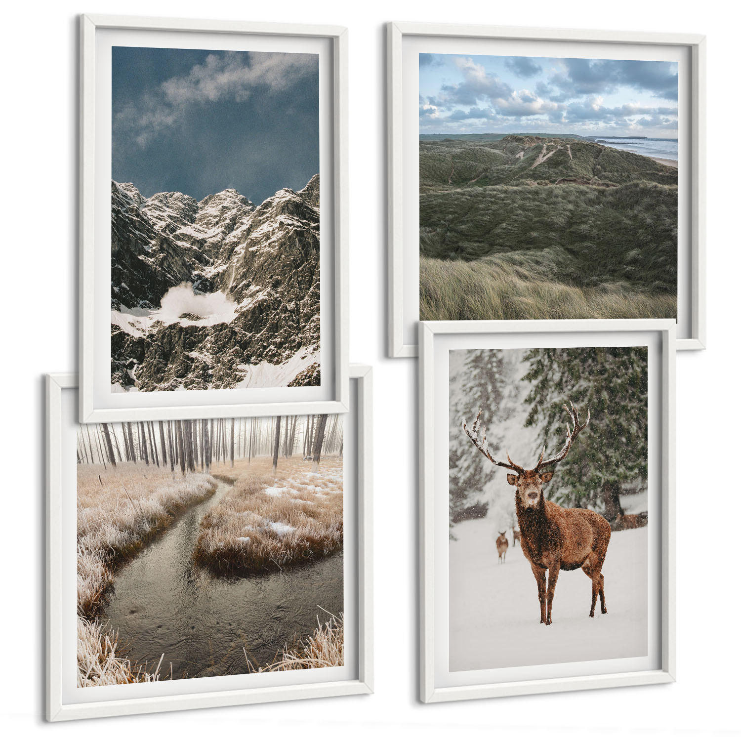 BILDER SET 4er Set - 50x50 cm & 40x60 cm Weißer Rahmen - Berge, Schnee, Hirsche, Waldlandschaft - Weiß, Kunststoff (50/50cm) - TULUP