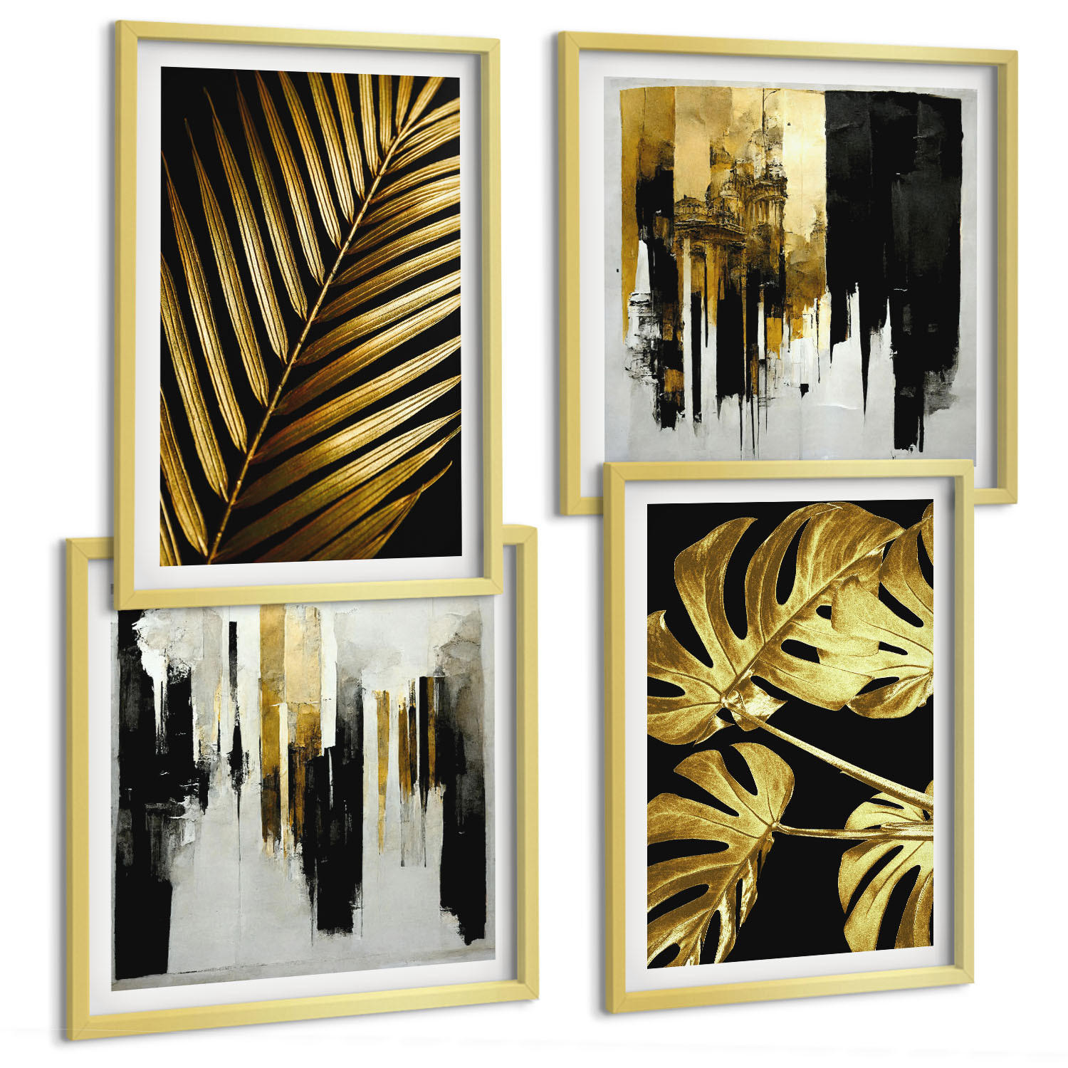 BILDER SET 4er Set - 50x50 cm & 40x60 cm Goldrahmen - Abstrakte Monstera-Palmenblätter - Goldfarben, Kunststoff (50/50cm) - TULUP
