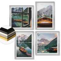 WANDBILDER 4er Set - 50x50 cm & 40x60 cm Silberner Rahmen - See, Berge, Boote, Hütte, Fenster - Silberfarben, Kunststoff (50/50cm) - ArtPrintCave