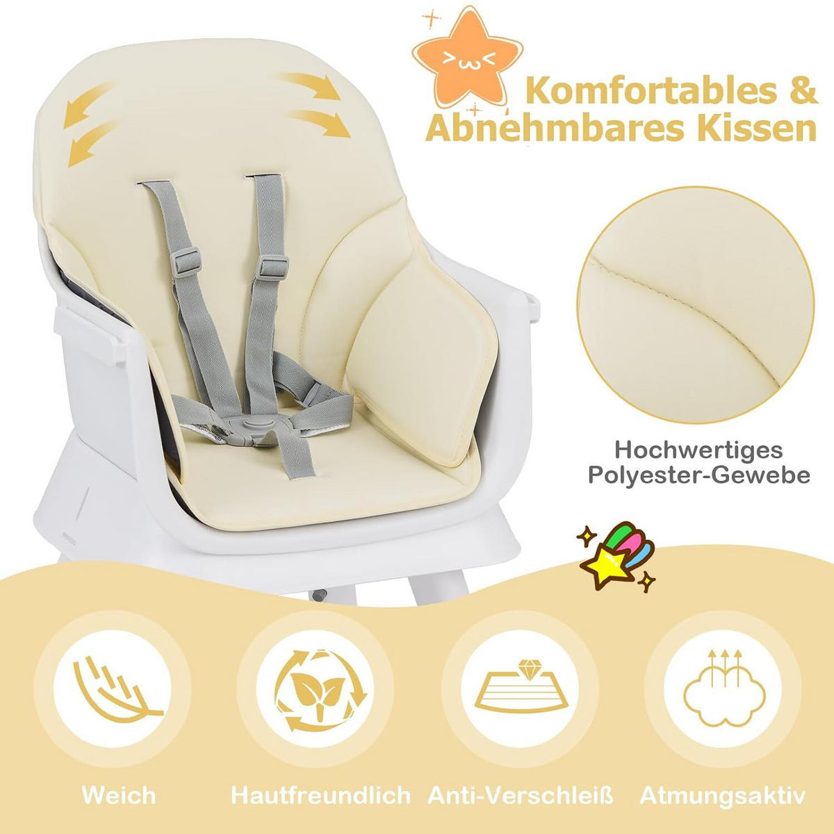KINDERHOCHSTUHL mit Sicherheitsgurt & abnehmbarem Trichter beige - Beige, Kunststoff (58/98/58cm) - COSTWAY