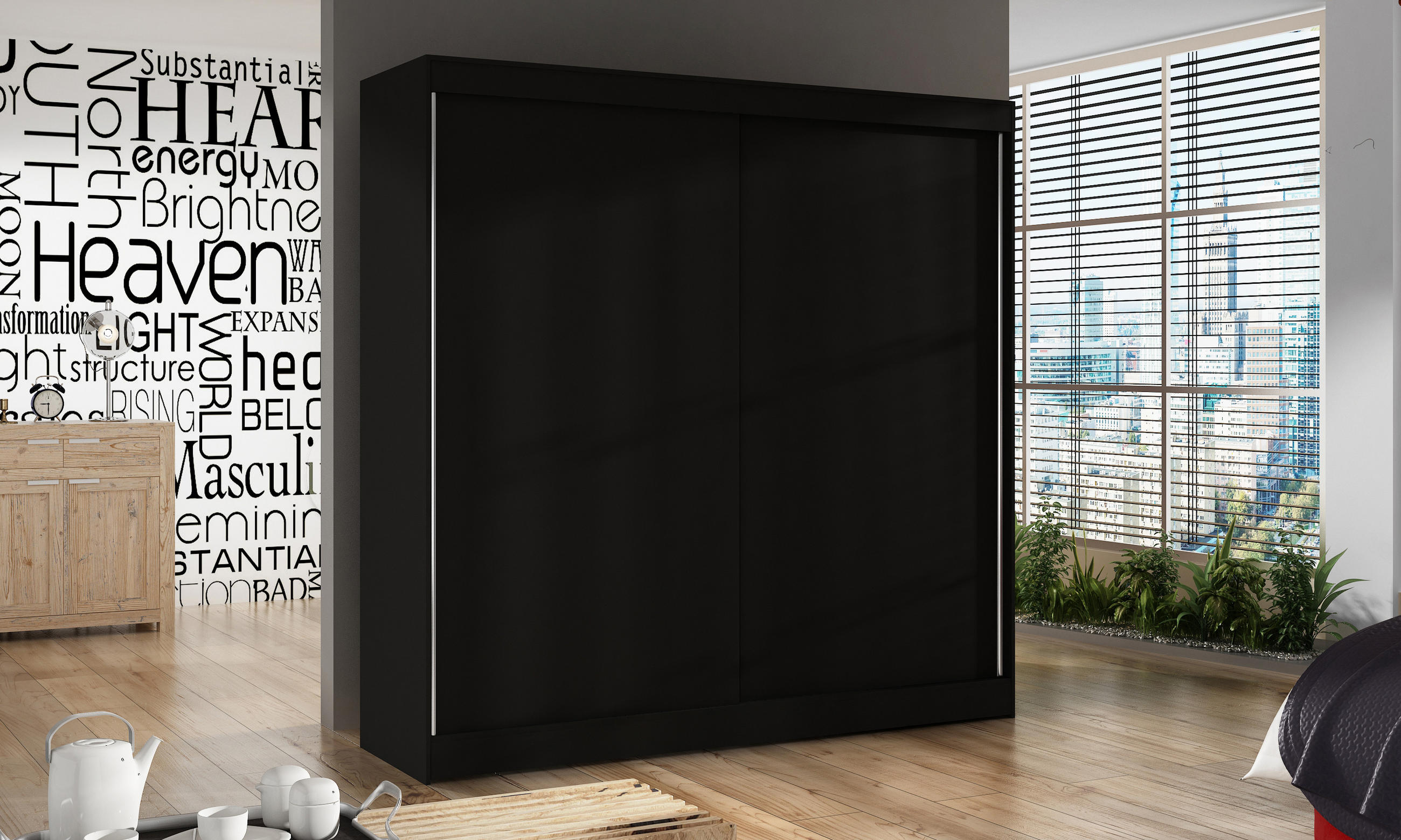 SCHWEBETÜRENSCHRANK Basti X - 200 cm - Schwarz, Holzwerkstoff/Metall (200/215/58cm) - Sofnet
