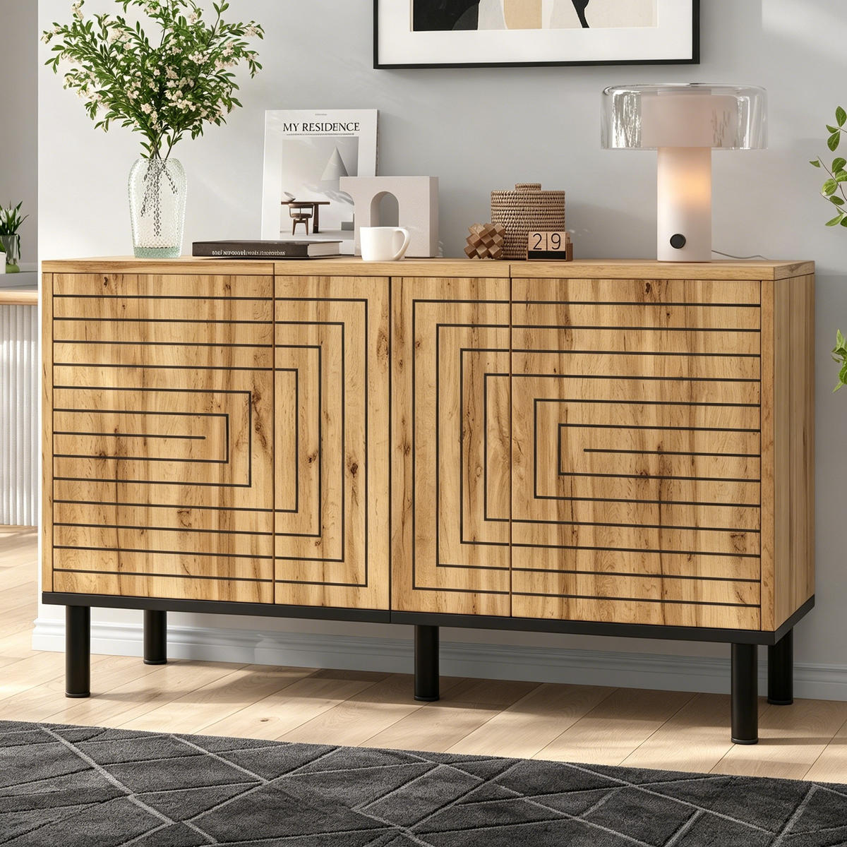 SIDEBOARD mit Wellenmuster und 3 Türen mit Rückprallmechanismus MDF 120/35/68 cm - Naturfarben, Holzwerkstoff (120/68/35cm) - EVRYAE