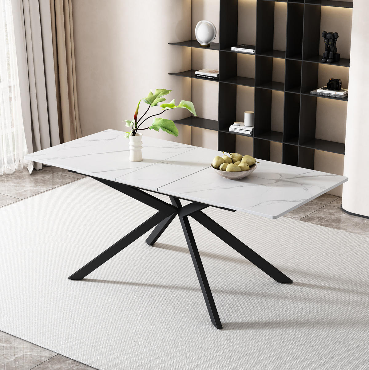 AUSZIEHTISCH 150/70/76 cm Schwarz Weiß mit Marmoroptik und Kreuzgestell - Schwarz, Holzwerkstoff (180/70/75.5cm) - OKWISH
