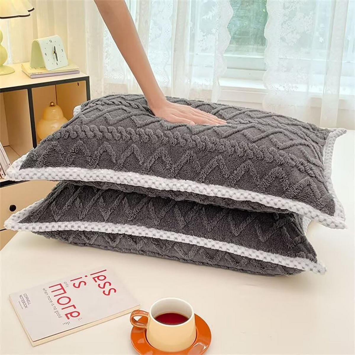 PLÜSCH-KISSENBEZÜGE – 48*74cm – Grau (Paar) - Grau, Textil (48/74cm)