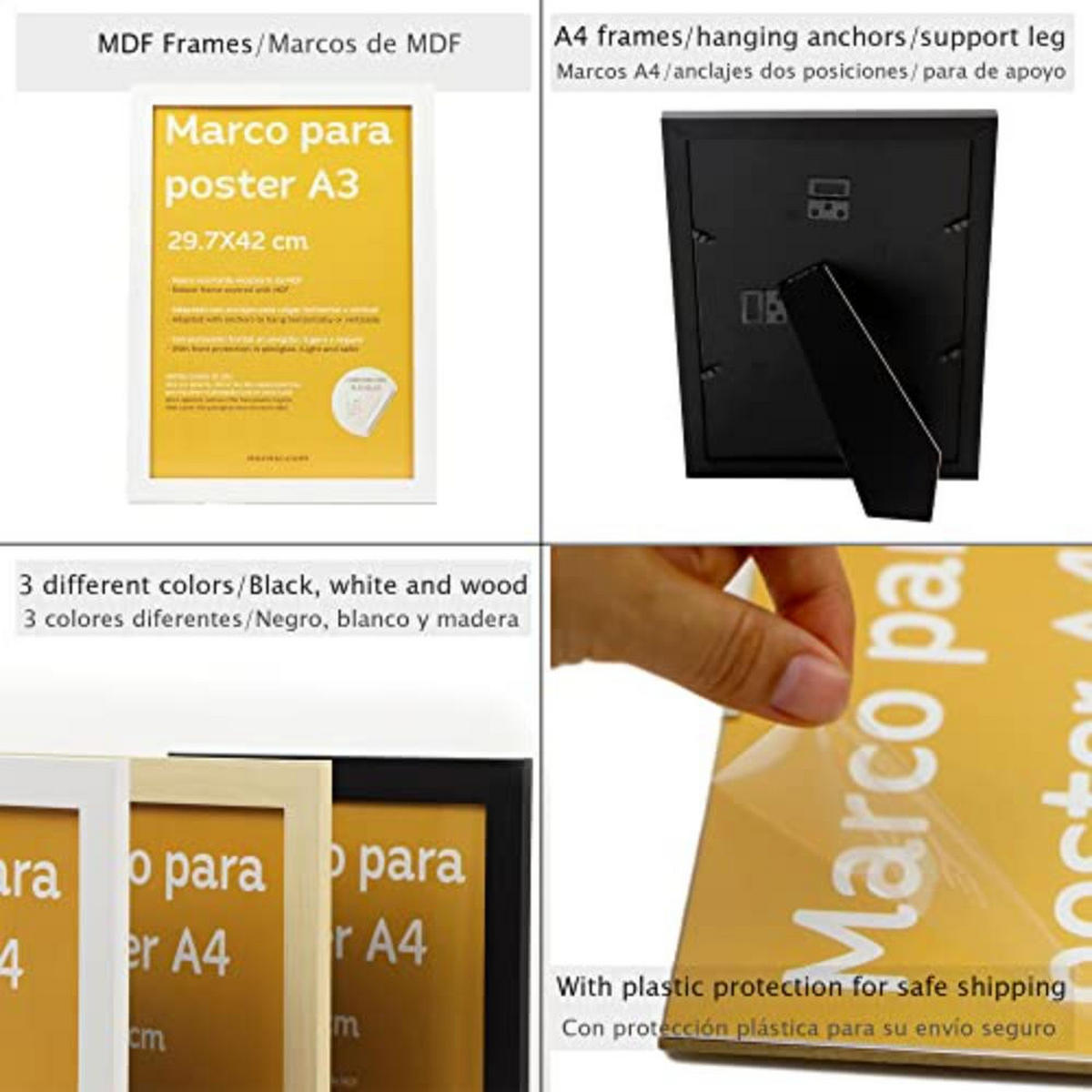 POSTER Set mit 4 Welt TypografieStil A4 Schwarzer Rahmen - Schwarz, Papier (29.7/3cm) - Nacnic