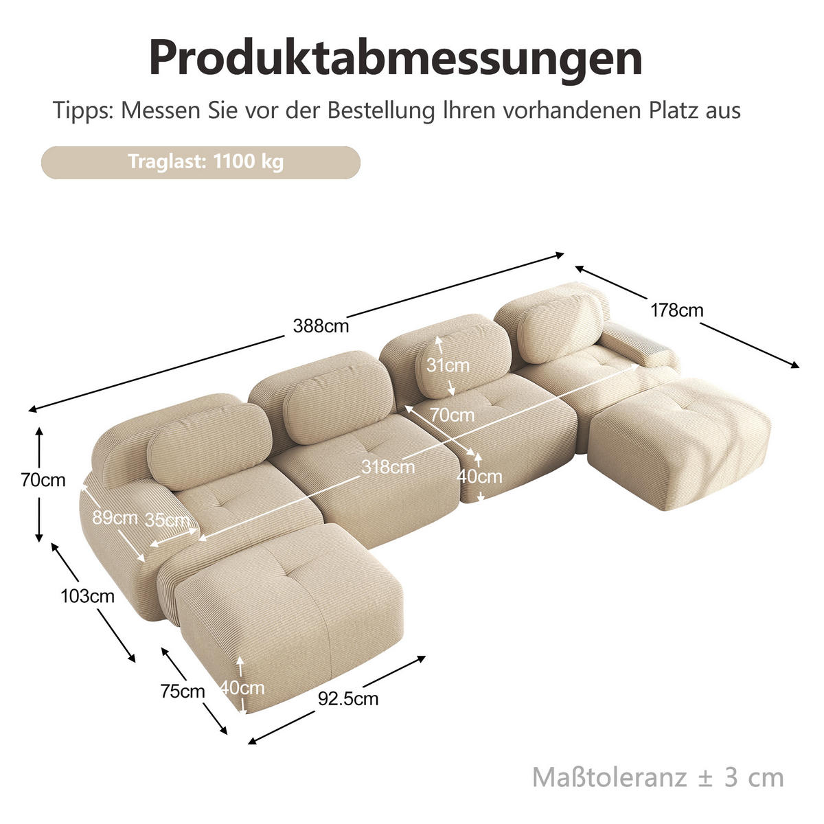 WOHNLANDSCHAFT DE-34025 modular 4-Sitzer Beige - Beige, Textil (178/75/388cm) - ComfortXL