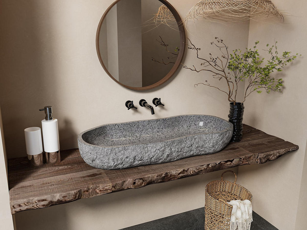 AUFSATZWASCHBECKEN - 90 cm, 105 cm x 30 cm, 48 cm - Stein - Grau - PIEDRI - Grau, Stein (90/15/30cm) - Vente-Unique