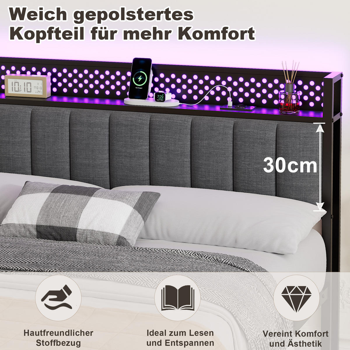 METALLBETT 140/200 cm in Schwarz mit USB-Anschlüssen und Stauraum - Schwarz, Metall (140/200cm) - OKMYHOME