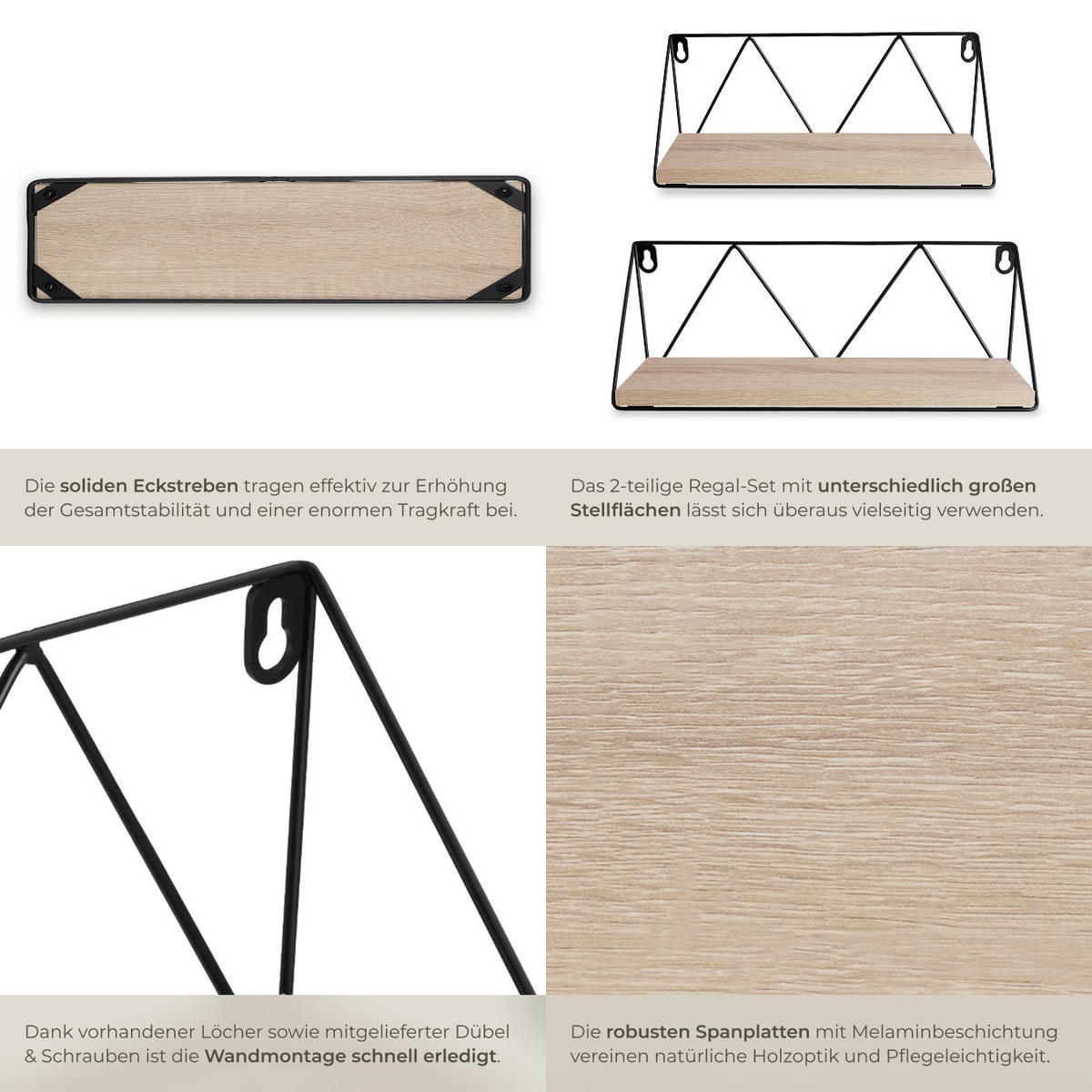 WANDREGAL 2er Set Rockport,Tiefe 13 cm,Industrial Holz hell, Eiche Sonoma - Naturfarben, Holzwerkstoff (13/14.5/41cm) - tectake