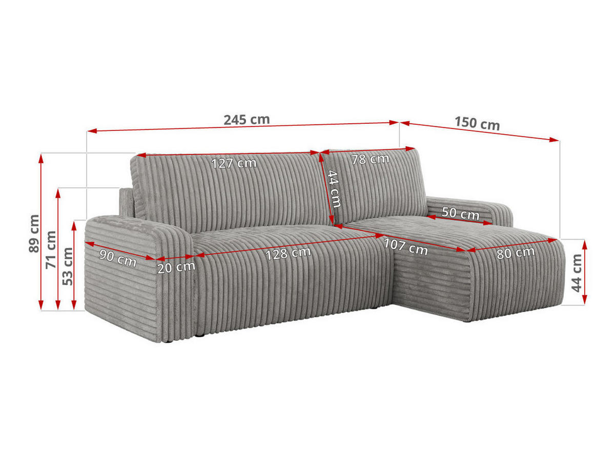 ECKSOFA ARGOS Hellgrau Cord - Hellgrau/Schwarz, Kunststoff/Textil (245/150cm) - MKS