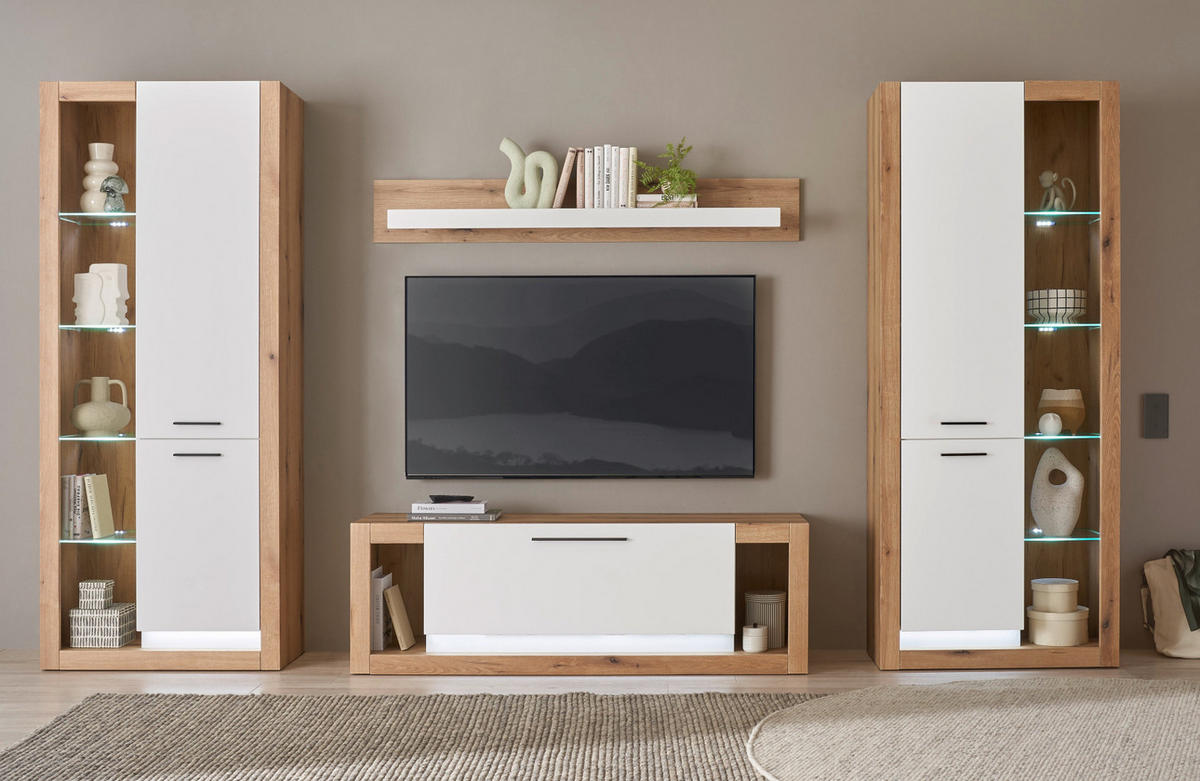 WOHNWAND weiß matt, Evoke Eiche, Wohnkombination Set 4-teilig 350 cm - Eichefarben/Silberfarben, Glas/Holzwerkstoff (350/195/43cm) - Furn.Design