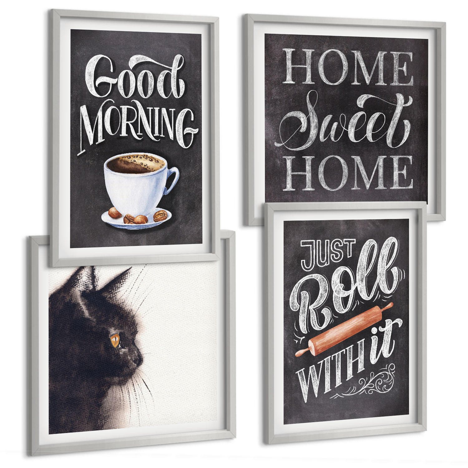 BILDER SET 4er Set - 50x50 cm & 40x60 cm Silberner Rahmen - Hausküchenthemen Katze - Silberfarben, Kunststoff (50/50cm) - TULUP