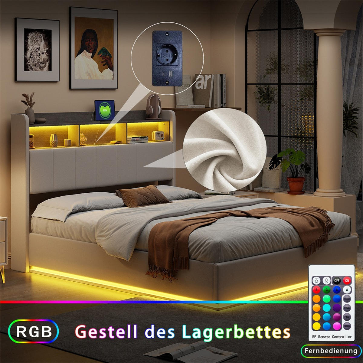 POLSTERBETT 160x200cm - Doppelbett mit RGB-LED-Beleuchtung am Kopfteil und Unterboden Stauraum-Kopfteil - Beige - Beige, Textil (160/200cm) - DELFA