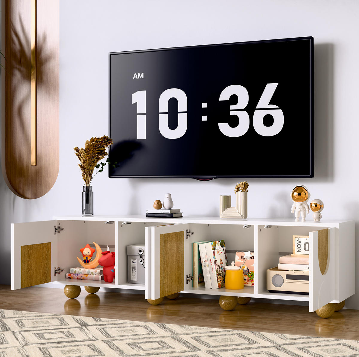TV-SCHRANK aus MDF und PB 175x38x50 cm Natur/Weiß mit 4 Türen und viel Stauraum - Hellbraun, Holzwerkstoff (175/50/38cm) - Modfu