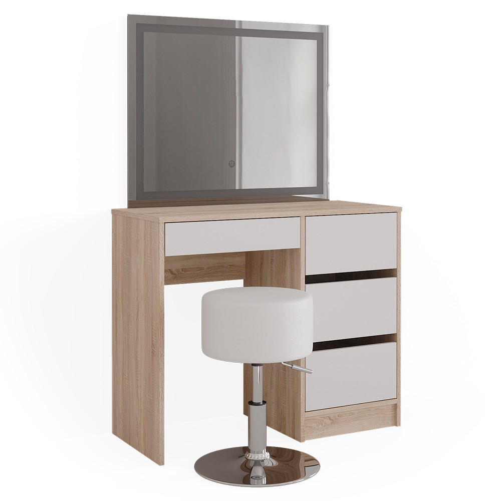 SCHMINKTISCH Sherry Sonoma 90 cm mit LED-Spiegel und Hocker - Weiß/Sonoma Eiche, Holzwerkstoff (90/75/40cm) - Vicco