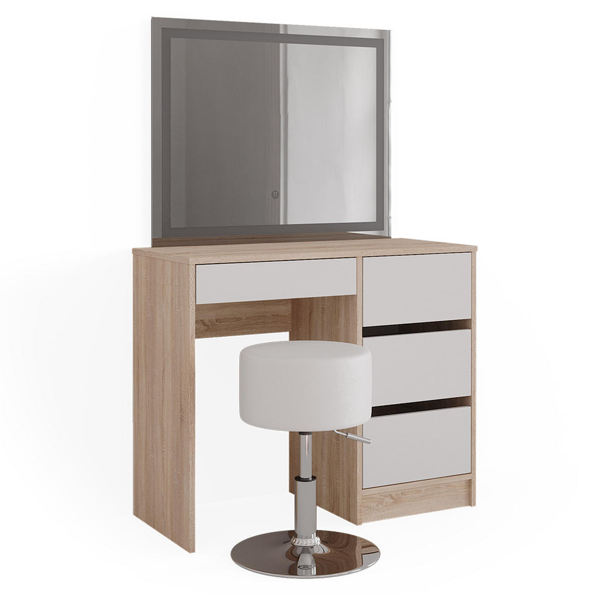 SCHMINKTISCH Sherry Sonoma 90 cm mit LED-Spiegel und Hocker - Weiß/Sonoma Eiche, Holzwerkstoff (90/75/40cm) - Vicco
