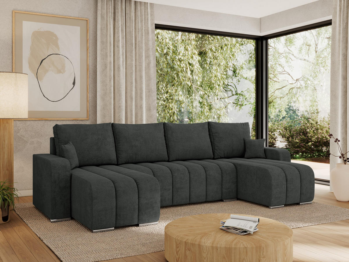 WOHNLANDSCHAFT KIRASSO U Dunkelgrau Struktur - Dunkelgrau/Grau, Textil/Metall (320/86/147cm) - MKS