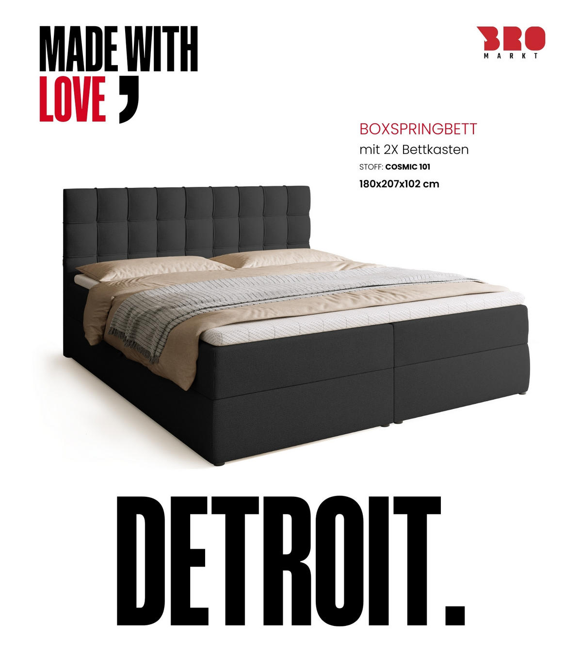 BOXBETT Detroit mit Topper 180/200 Anthrazit - Anthrazit, Holzwerkstoff/Textil (180/200cm) - Bromarkt