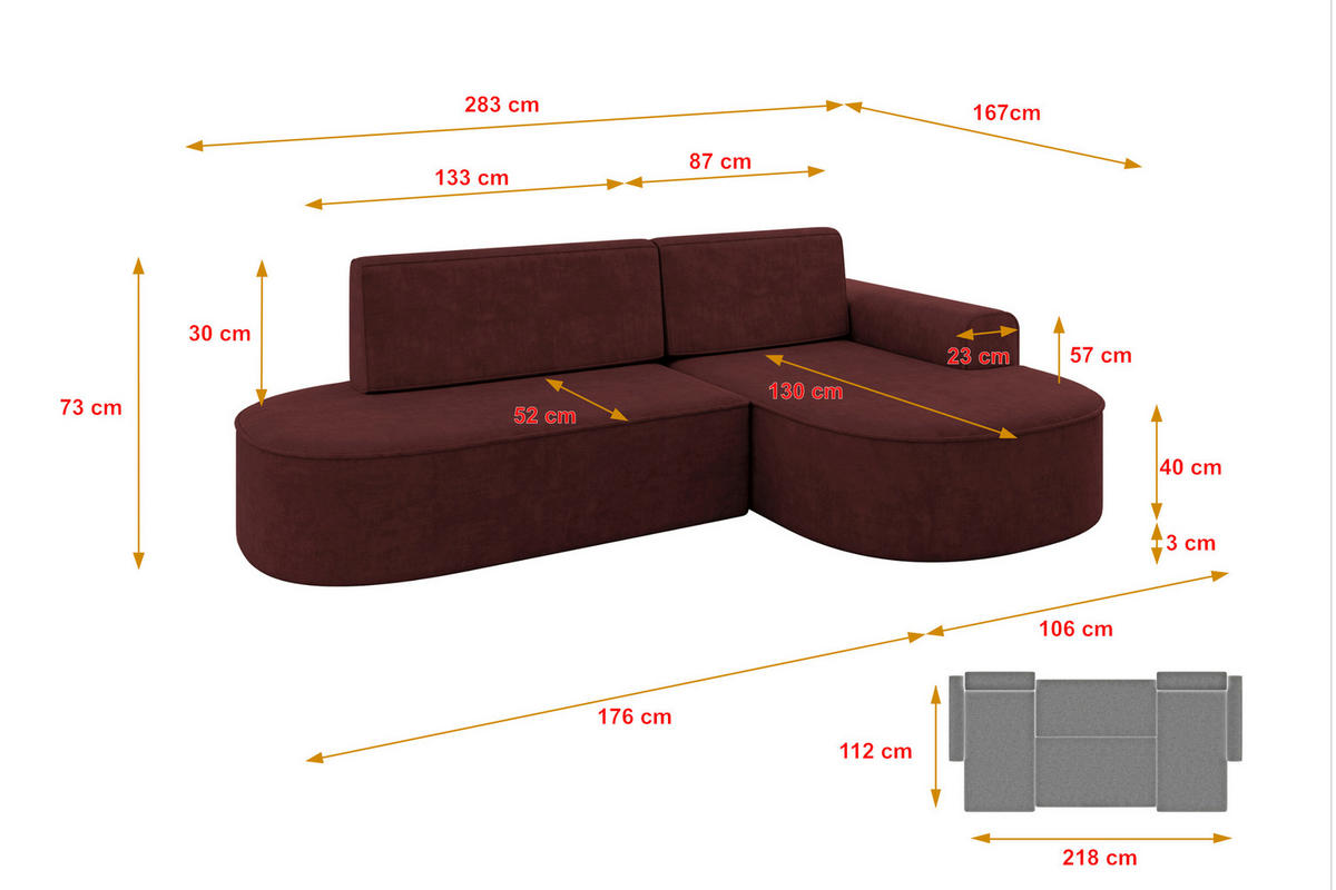 ECKSOFA mit Schlaffunktion und Bettkasten Ottomane Rechts MARI-L1-S - 283x167x85 cm Bordeauxrot Velours - Bordeaux/Schwarz, Holzwerkstoff/Kunststoff (167/283cm) - ALTDECOR