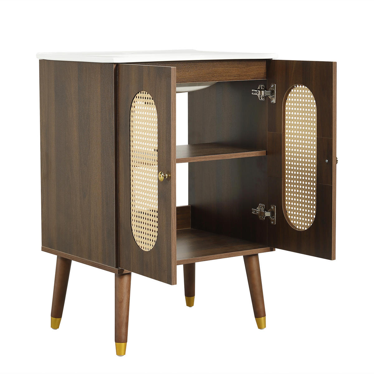 BADEZIMMERSCHRANK Rattan Türen Keramik Waschbecken Stauraum 61cm - Walnussfarben, Keramik (61/89/47cm) - FLIEKS