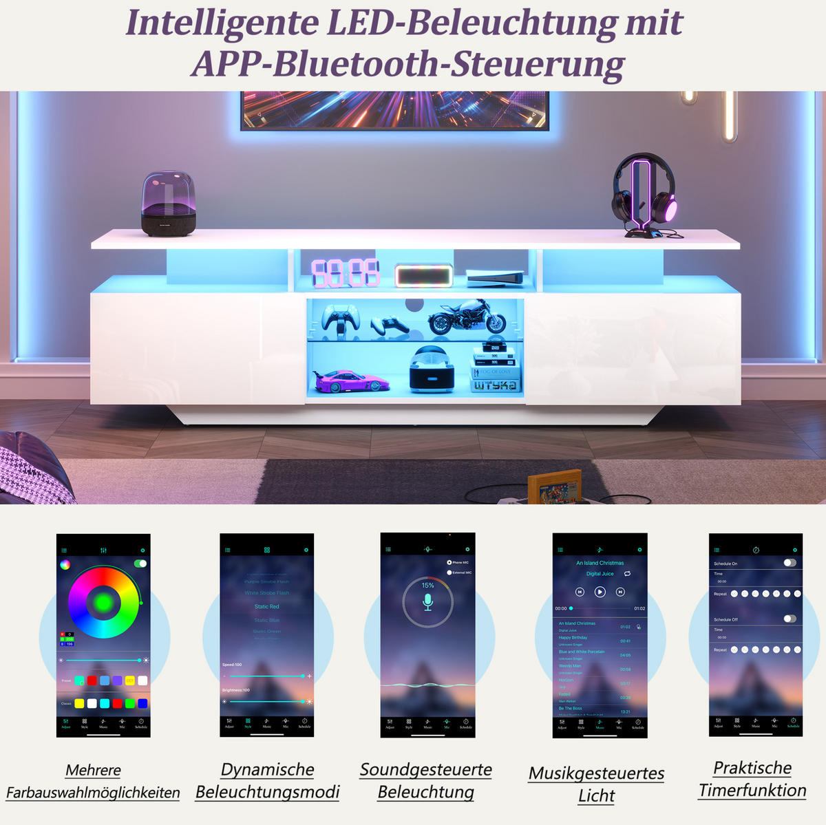 TV-LOWBOARD 160/40/45 cm Weiß aus MDF mit LED und 8 Ablagen - Weiß, Holzwerkstoff (160/45/40cm) - OKWISH