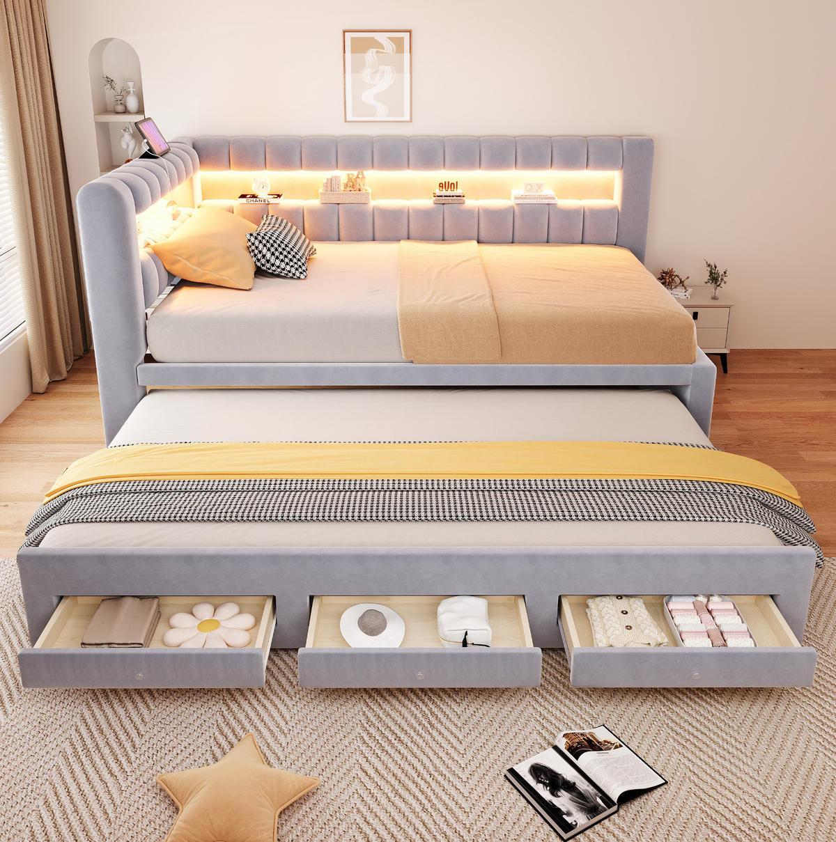 POLSTERBETT Schlafsofa aus Samt 90x190 cm Hellgrau mit Ausziehbett, LED-Beleuchtung, USB-C und Stauraum - Hellgrau, Textil (90/190cm) - Modfu