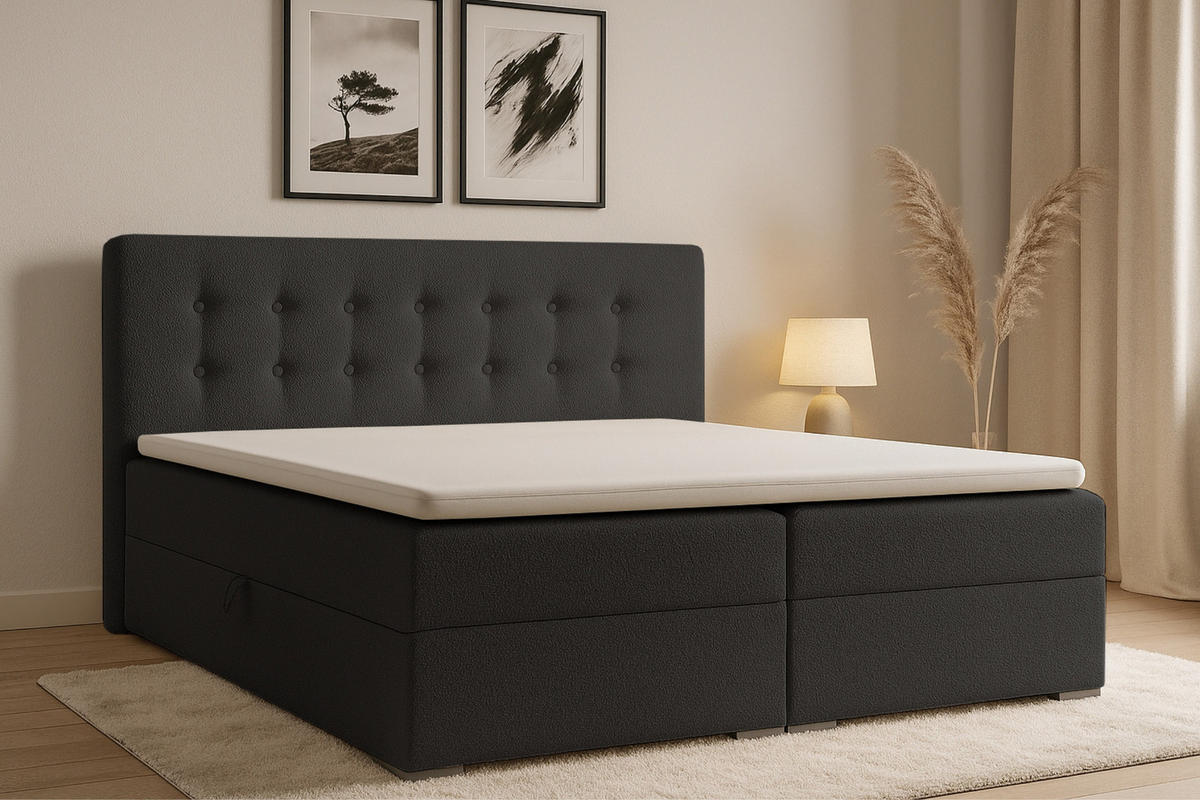 BOXBETT CYNTHIA LUX 140/200 in Boucle Schwarz H4 - Schwarz, Holzwerkstoff (140/200cm) - Deine Möbel 24