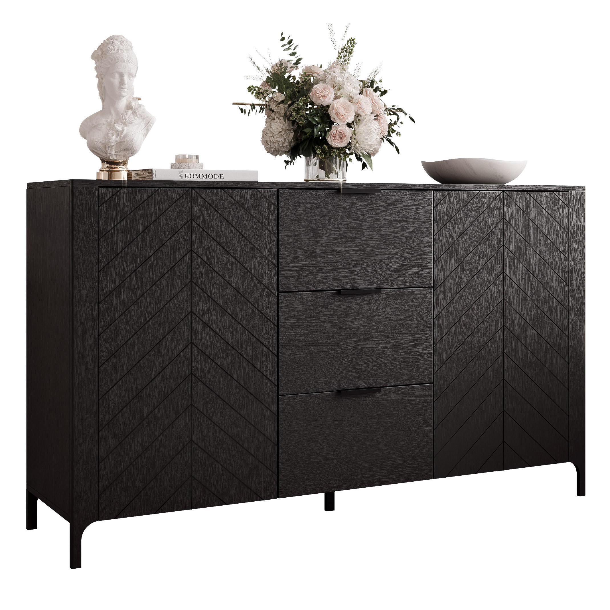 KOMMODE LORIEN 153 cm, 3 Schublade(n) Schwarz - Schwarz, Holzwerkstoff/Metall (153.1/95.1/40.6cm) - Idohome