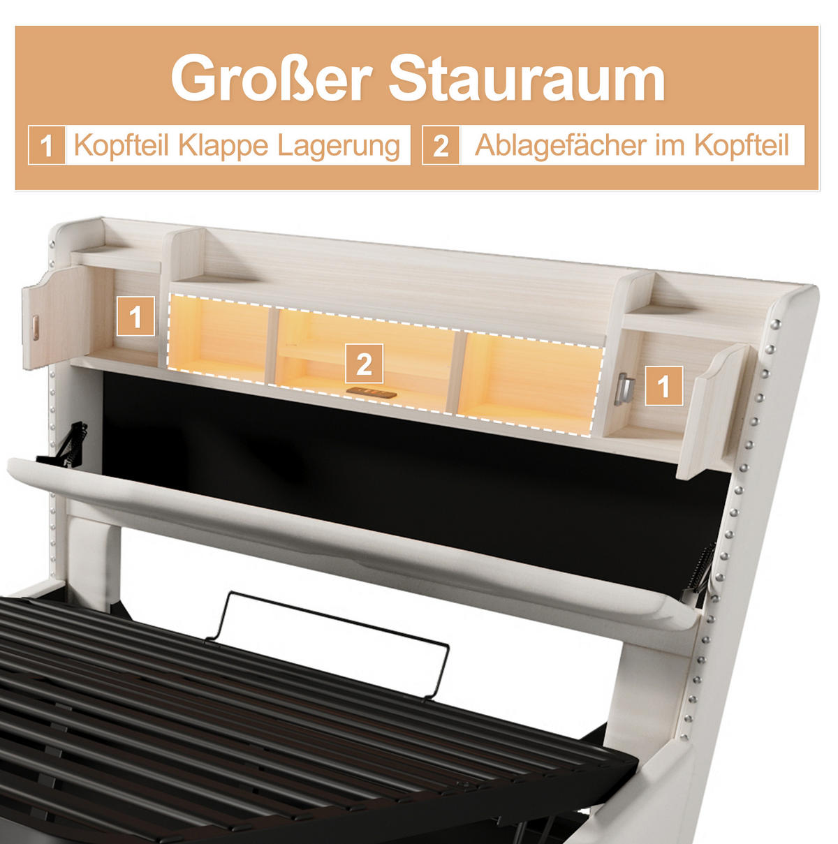 POLSTERBETT 160/200 cm Beige aus Leinen mit LED-Beleuchtung und Stauraum - Beige, Textil (160/200cm) - OKMYHOME