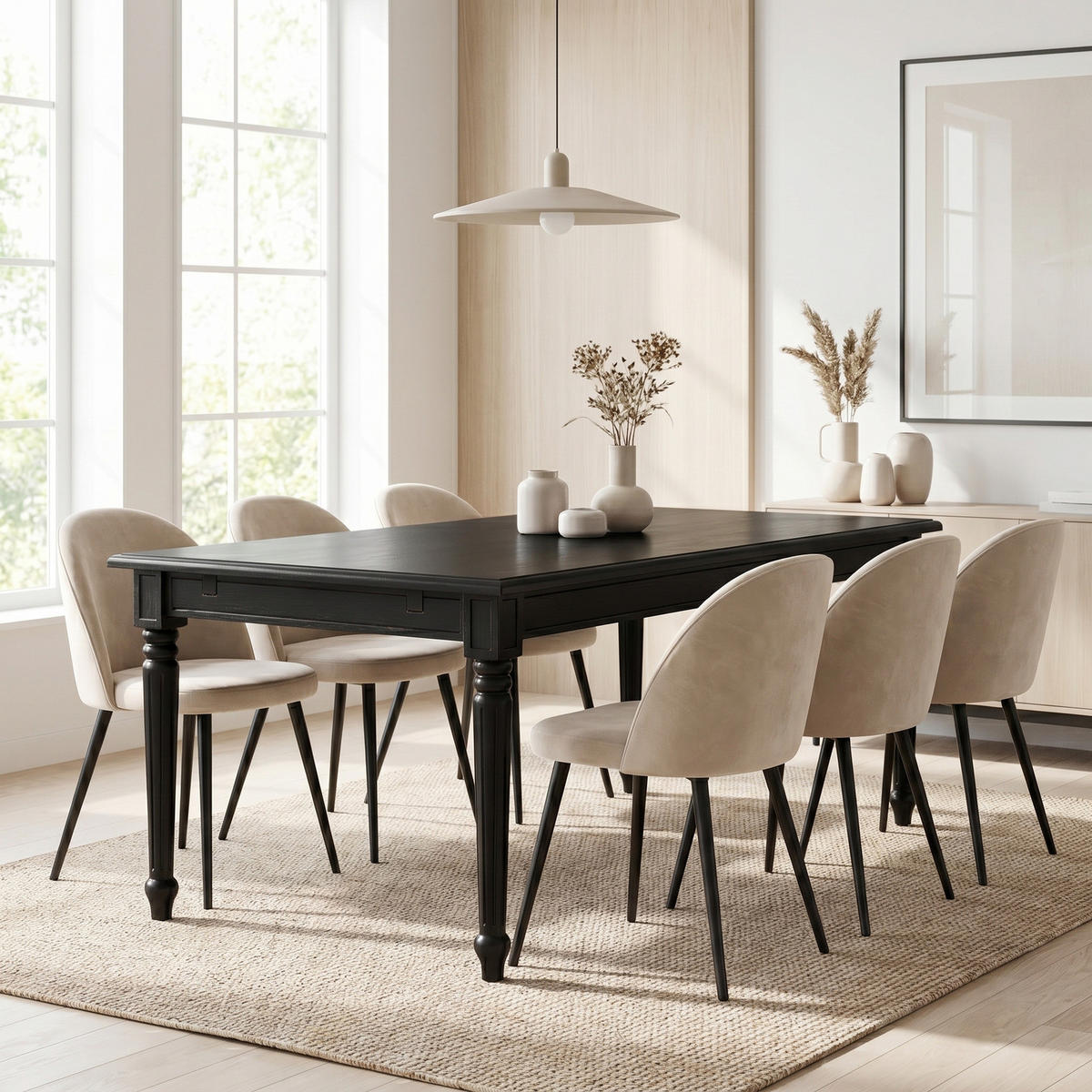 ESSGRUPPE Amaretta mit Esstisch Schwarz und 6 Stühlen Beige, 180 x 100 cm - Beige, Holz/Textil (180/75/100cm) - ebuy24