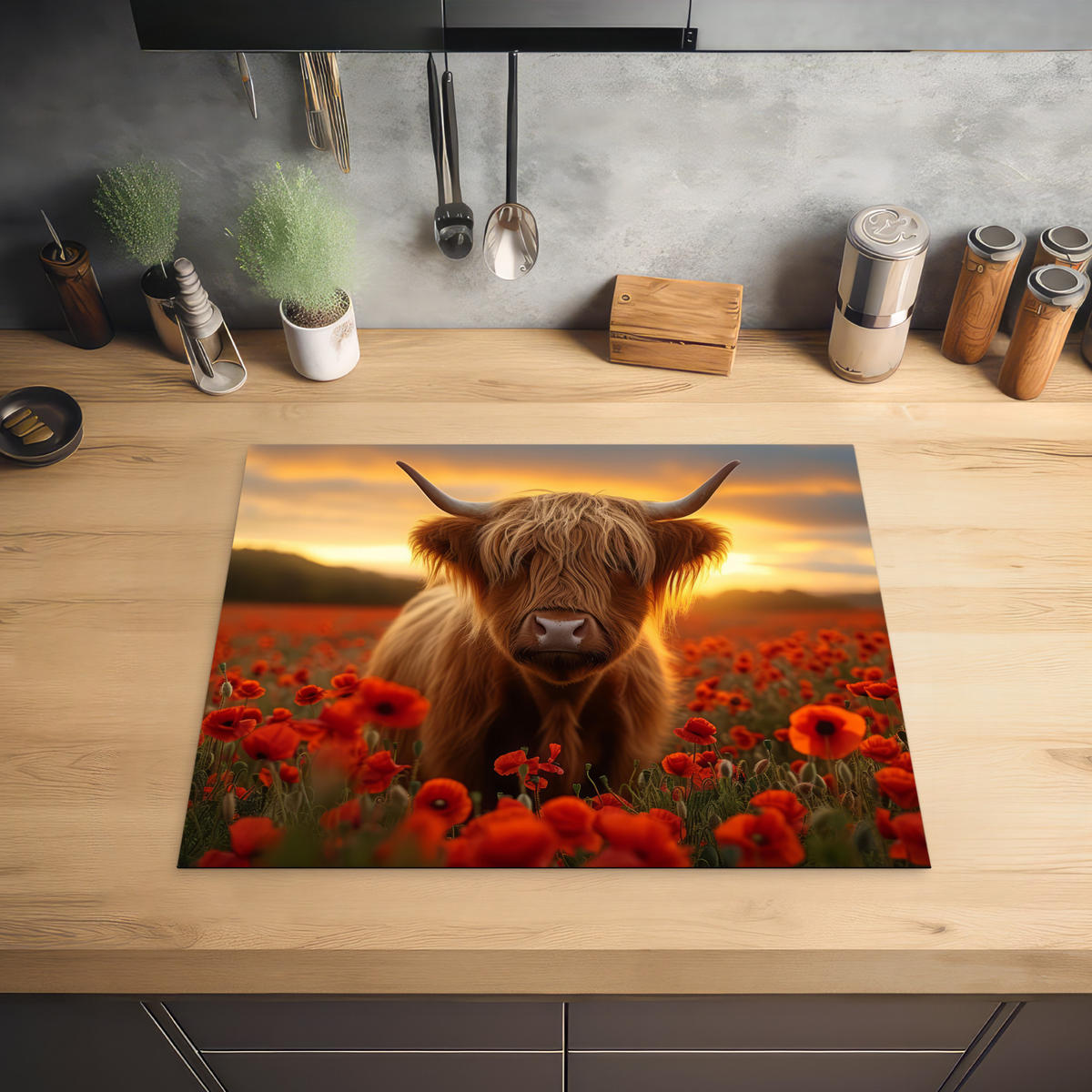HERDABDECKPLATTE Schottische Highlander - Rosen - Blumenfeld - Sonnenuntergang Herdabdeckung Induktionsfeld 65x52 cm - Rotbraun, Kunststoff (65/52/0.2cm) - MuchoWow