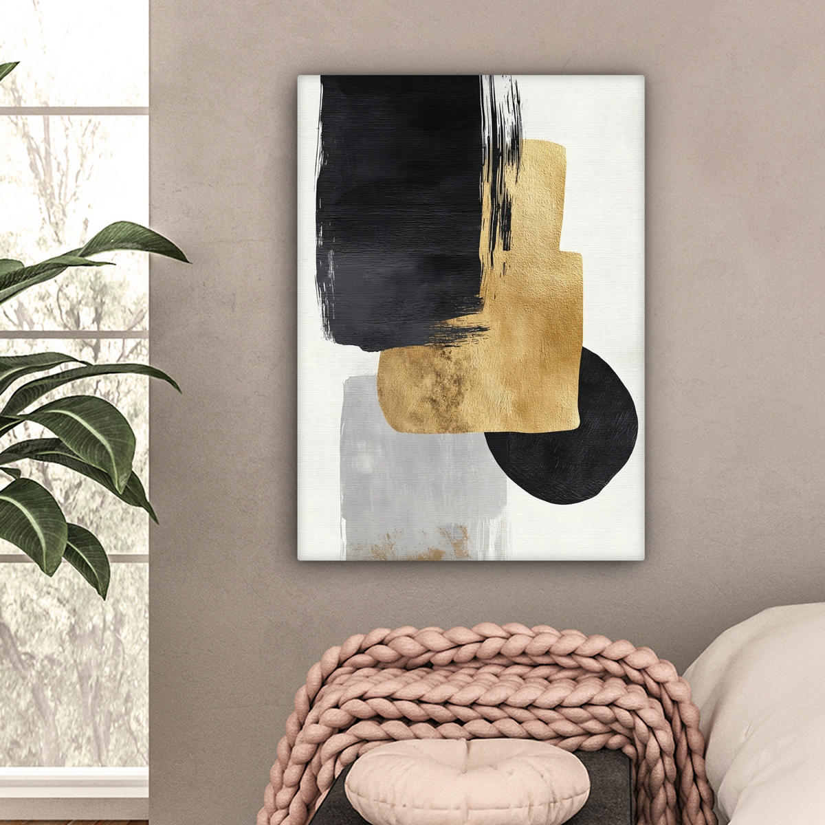 LEINWANDBILD Gold - Rechtecke - Kreise - Abstrakt Wandbild Wohnzimmer 60x80 cm - Weiß, Textil (60/80cm) - MuchoWow