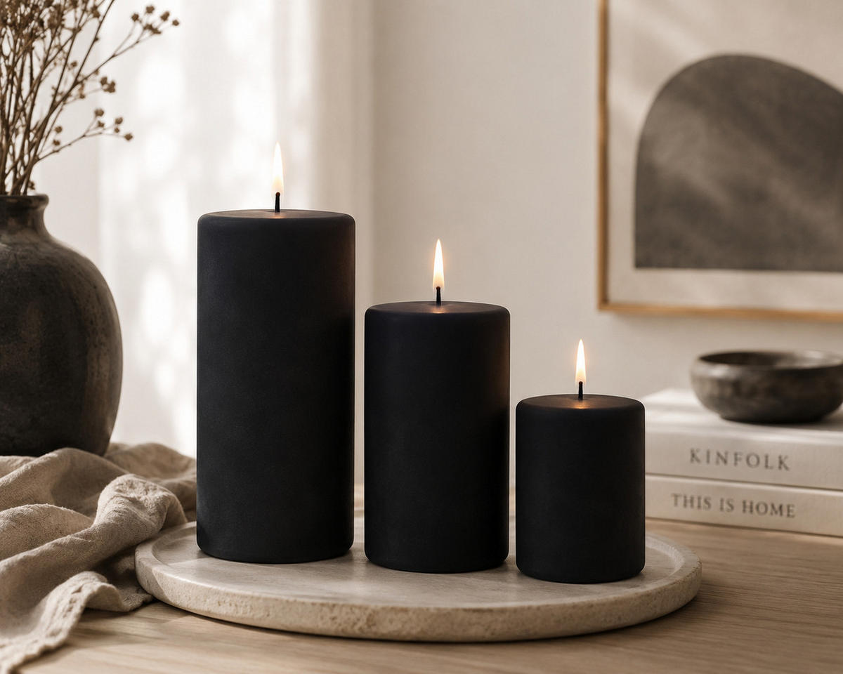 STUMPENKERZEN Samt-Lack Deep Black 12 x 6 cm, 4er Set - Schwarz, Paraffin (6/12/12cm) - Kopschitz Kerzen