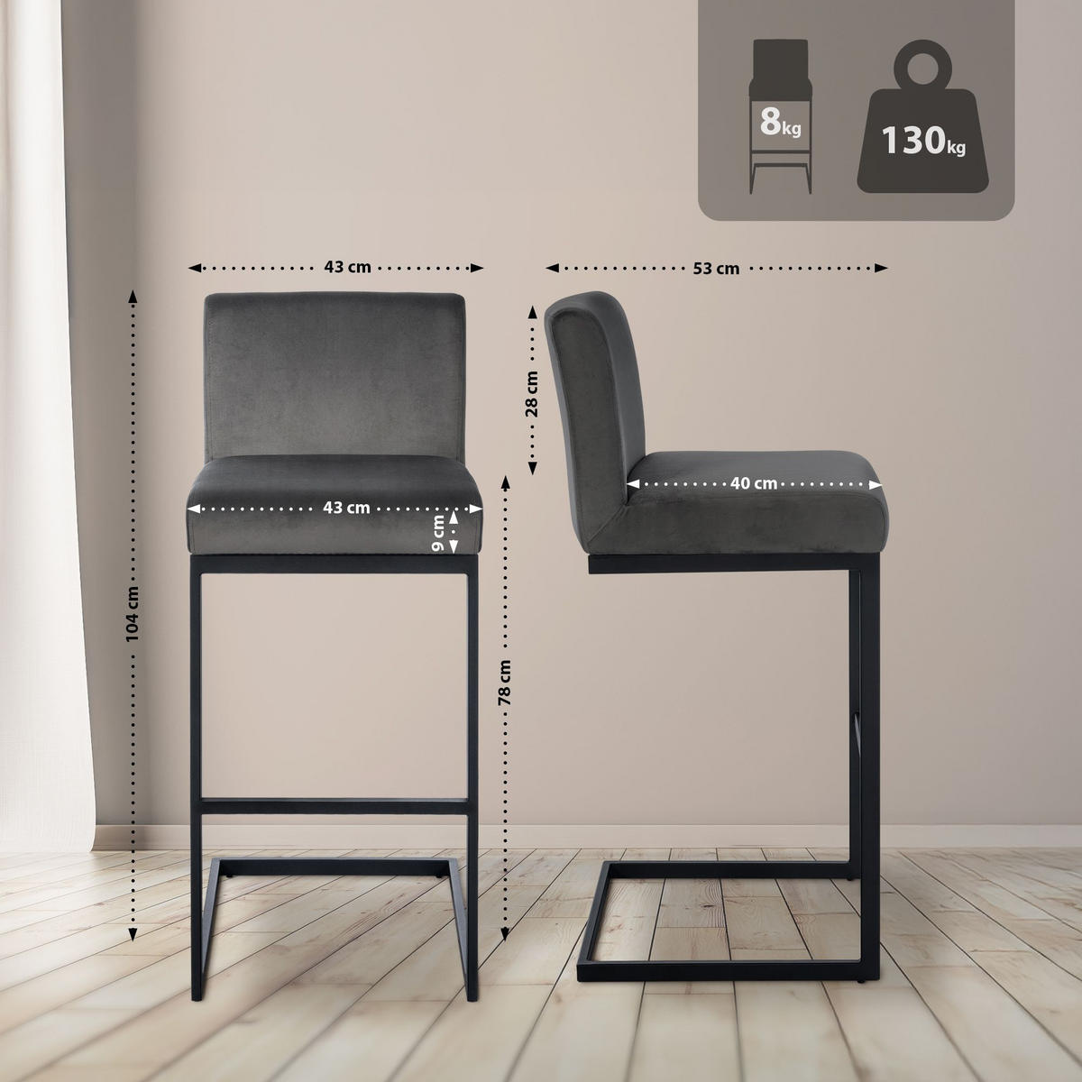 BARHOCKER Samt Grau - Schwarz/Grau, Textil/Metall (43/104/53cm) - CLP