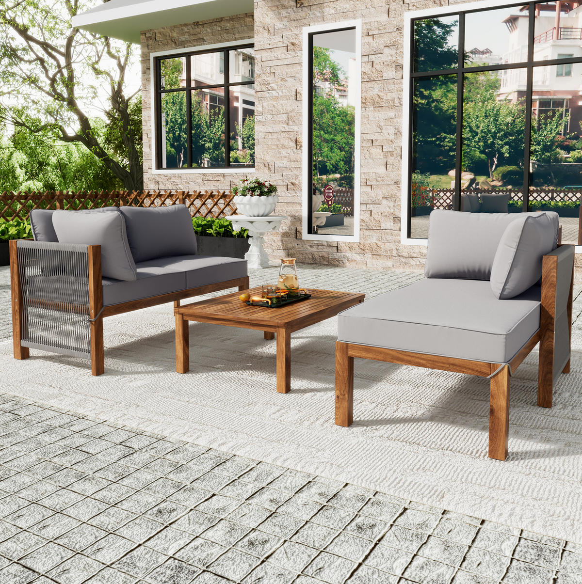 GARTEN-LOUNGESET 117/58/80 cm mit Tisch, Akazienholz und handgeflochtenen Seilarmlehnen, Grau - Grau, Holz - Redom
