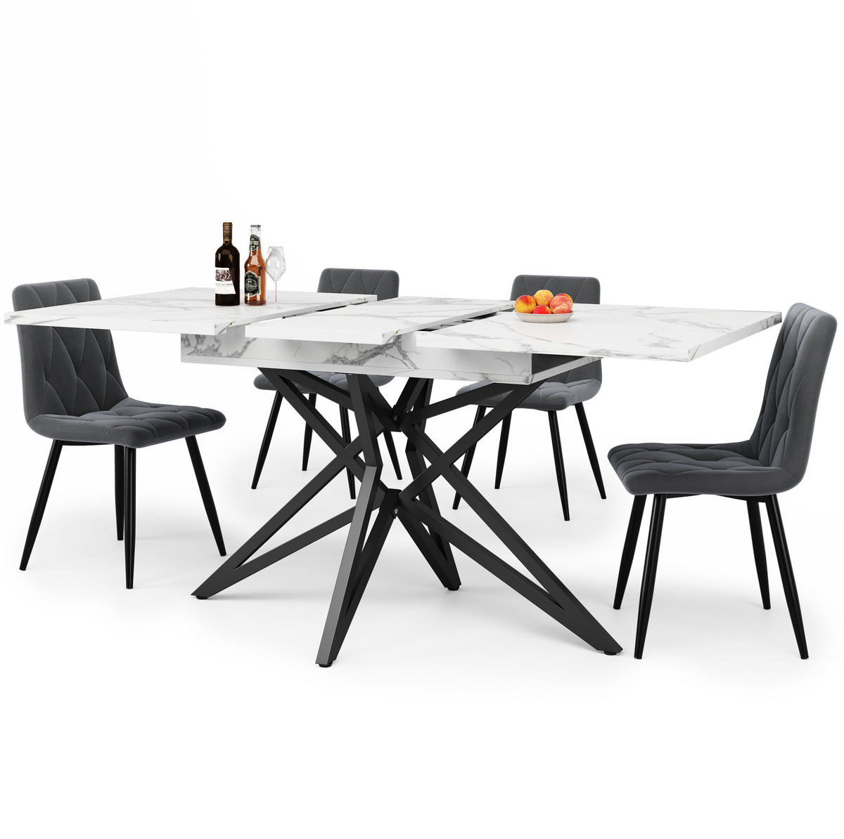 ESSTISCH 120-160x80x66 cm in Weiß und Schwarz aus MDF mit Marmoroptik ausziehbar - Weiß, Holzwerkstoff (160/80/66.1cm) - Modfu