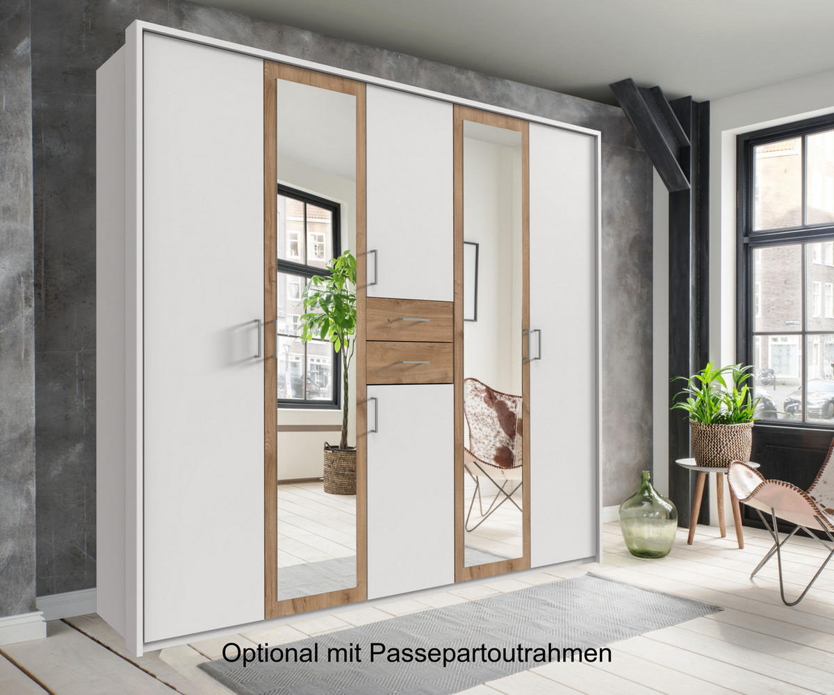 DREHTÜRENSCHRANK Kleiderschrank B225/H208/T58 cm mit Schubkästen & 2 Spiegeltüren, Weiß mit Absetzungen in Eiche Dekor / 22591 - Eichefarben/Silberfarben, Holzwerkstoff/Kunststoff (225/208/58cm) - luma-home