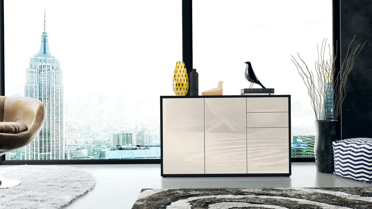 KOMMODE Ben Front in Creme Hochglanz - Creme, Holzwerkstoff (117/74/36cm) - Vladon