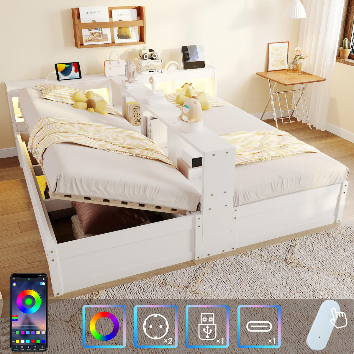 SCHLAFSOFA 90x200cm LED Stauraum Steckdose Holzbett Weiß - Weiß, Holzwerkstoff (180/200cm) - FLIEKS