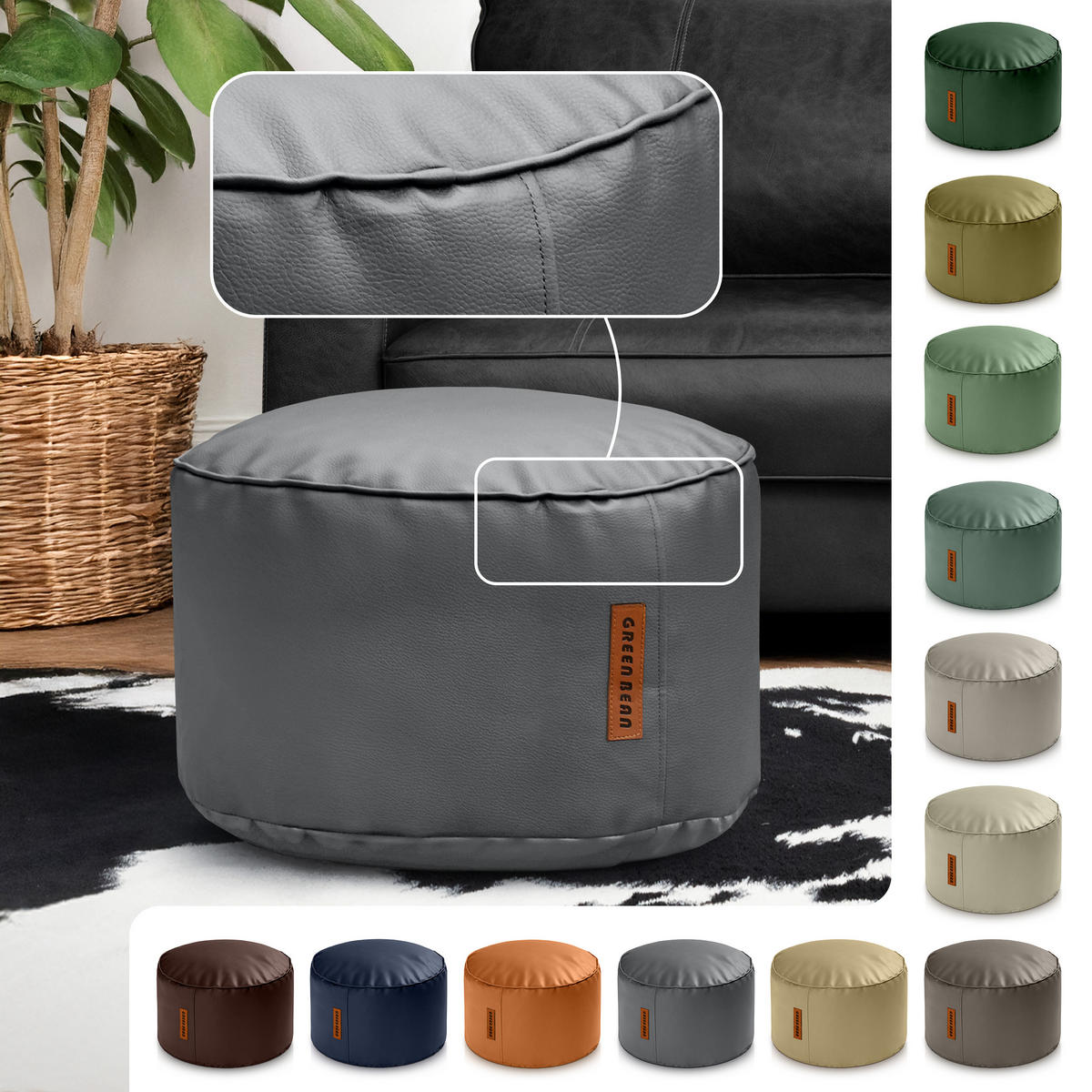 INDOOR HOCKER Stay rund Kunstleder - Grau, Textil (43/30/30cm) - Green Bean