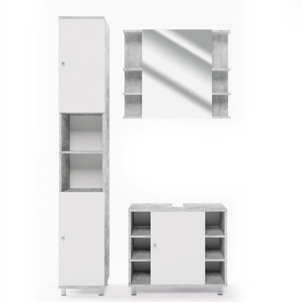 BADMÖBEL-SET Fynn Beton 3 Teile, mit Hochschrank - Weiß/Grau, Holzwerkstoff (60/54/32cm) - Vicco