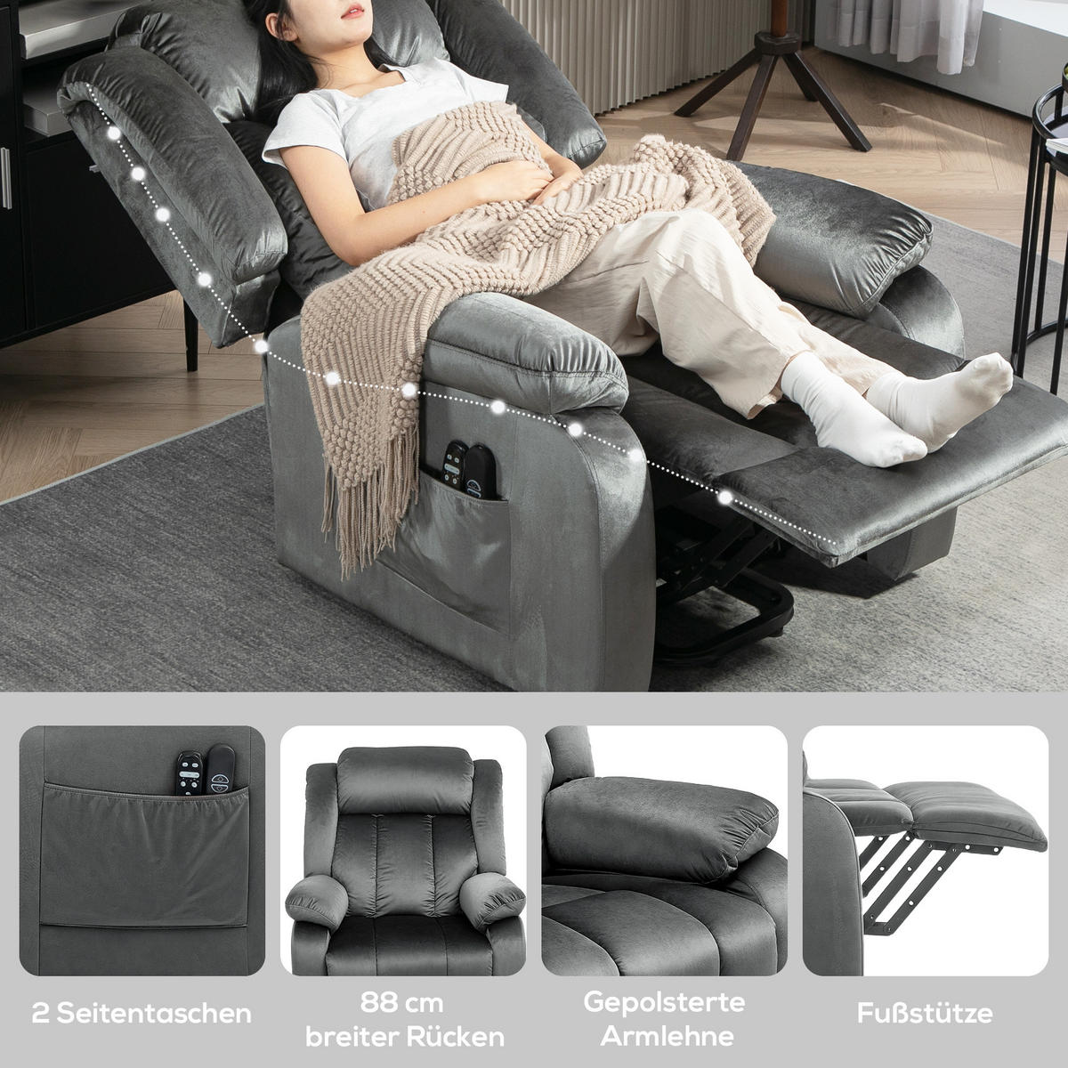 FERNSEHSESSEL mit Aufstehhilfe Relaxsessel mit Liegefunktion, Vibrationsmassage - Dunkelgrau/Schwarz, Textil/Metall (88/106/95cm) - HOMCOM