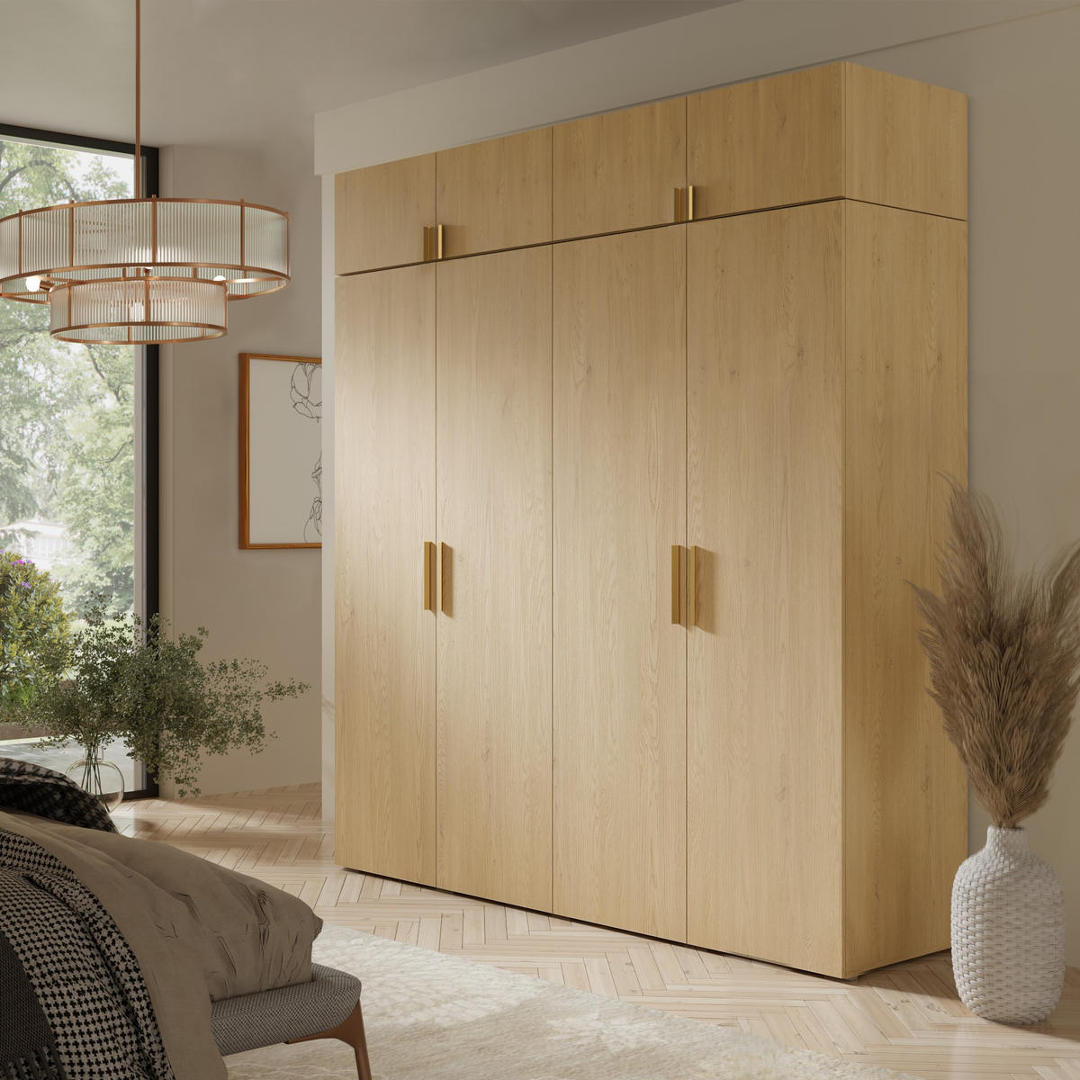 DREHTÜRENSCHRANK mit Aufsatz Napoli 4D 200 Eiche Cremona (schwarzer oder goldener Griff) - Eichefarben/Silberfarben, Holzwerkstoff/Kunststoff (200/35/60cm) - mzm24