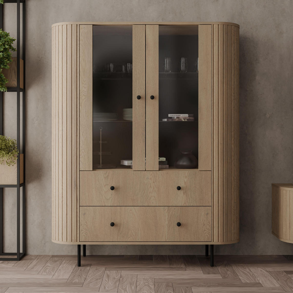 VITRINE Halay Eiche Cremona, 2 Türen & 2 Schubladen Moderne Rillenstruktur, mit runden Kanten - Eichefarben/Schwarz, Holzwerkstoff/Metall (123/155/42.3cm) - AX Living