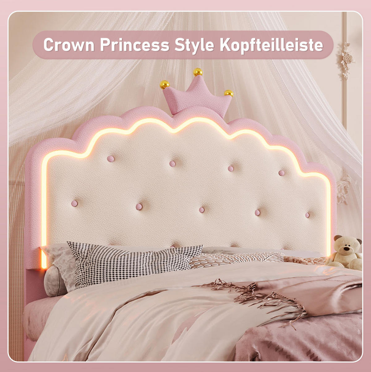 POLSTERBETT 140/200 cm Rosa mit LED-Beleuchtung im Prinzessinnen-Design - Rosa, Kunststoff (140/200cm) - Flora Grace
