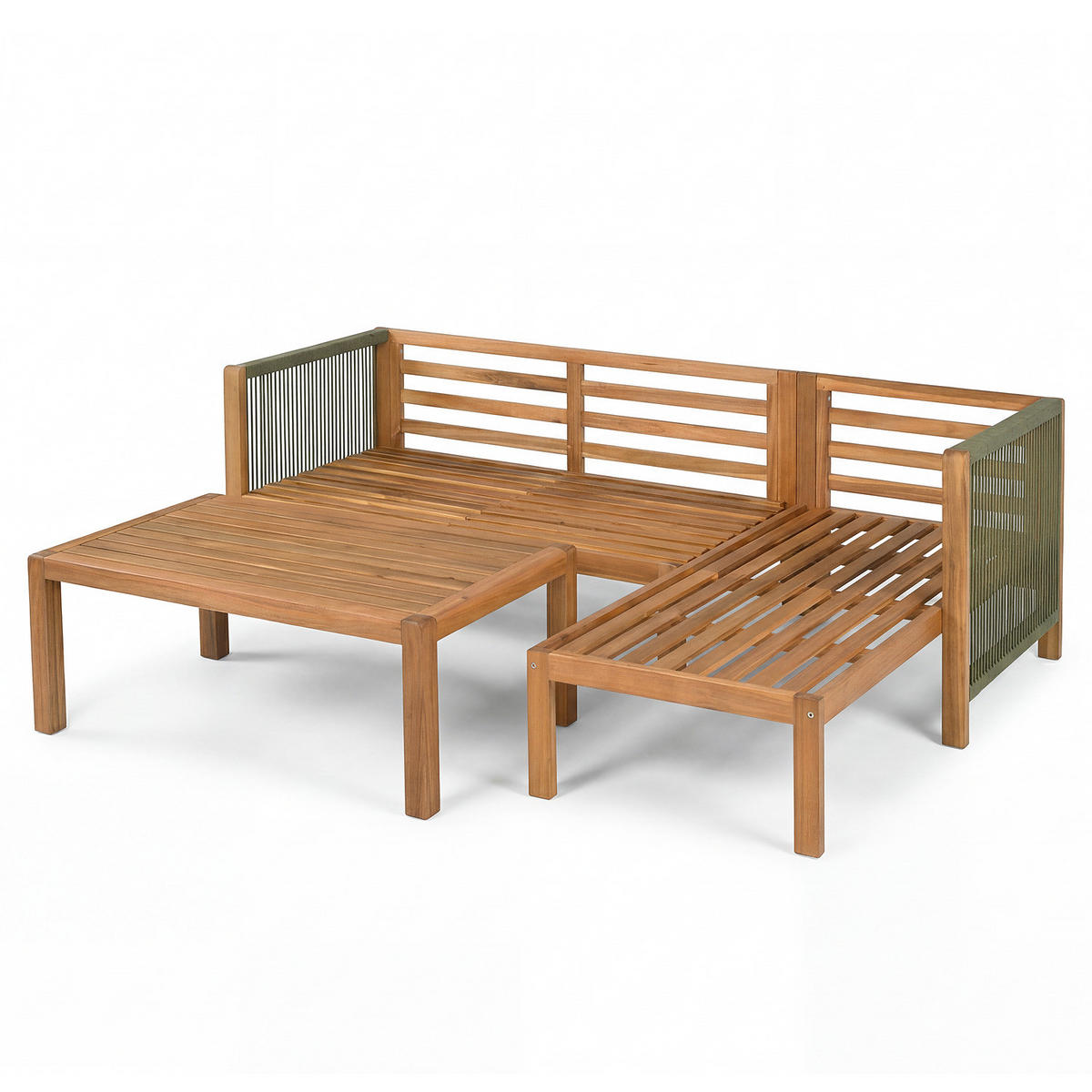 LOUNGESET - 3-teilig - Akazie massiv / Polyester - Olivgrün, Holz/Textil - home24