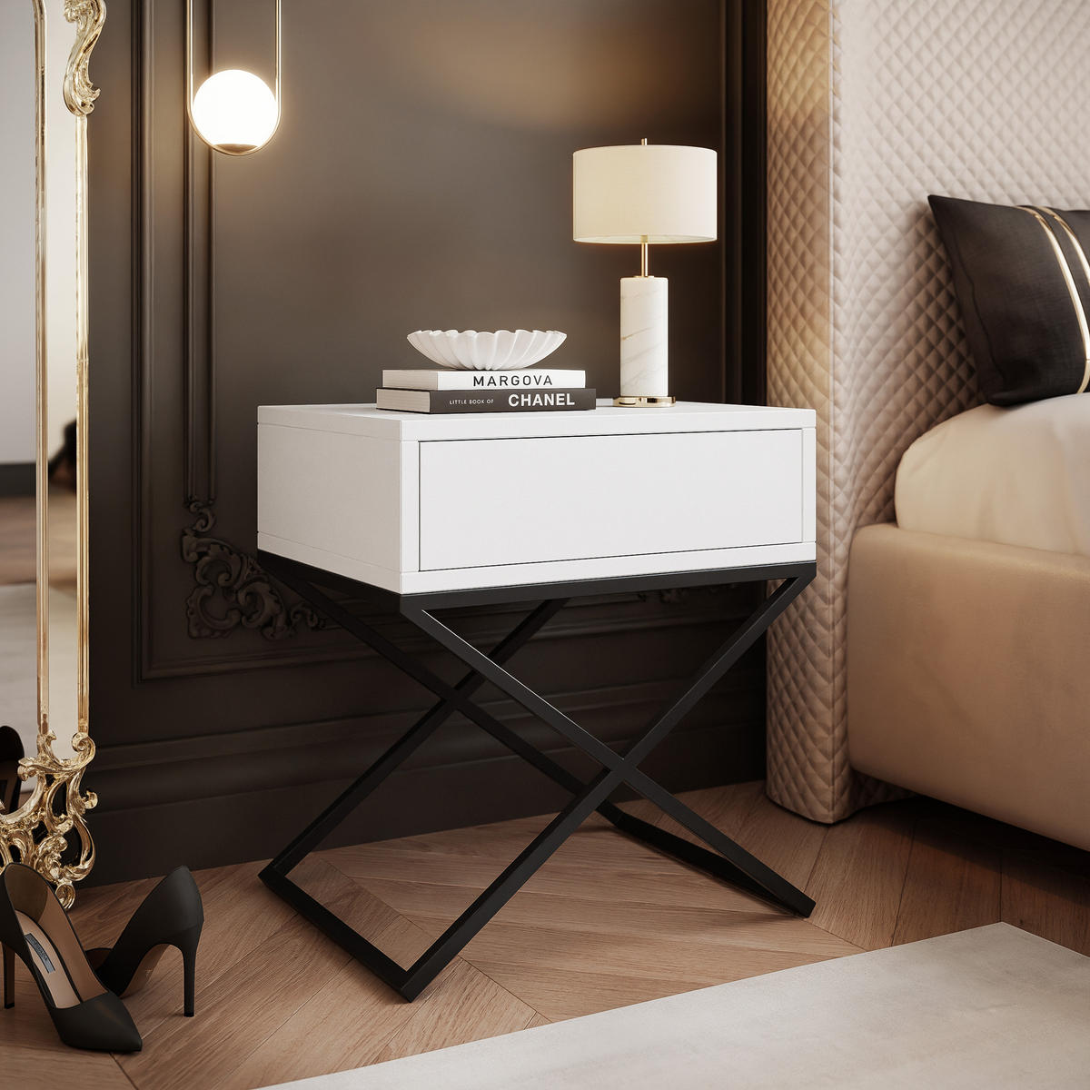 NACHTSCHRANK KSENO mit Schublade, 45/35/50 cm, Schwarz / Weiß - Schwarz/Weiß, Holzwerkstoff/Metall (45/50/35cm) - Idohome