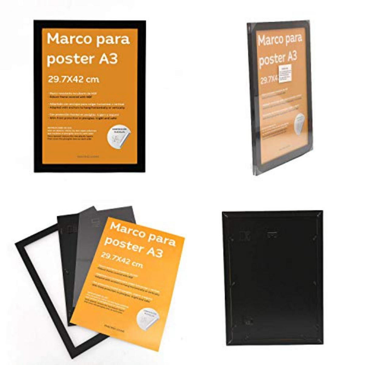 POSTER Set mit 4 Natur im nordischen Stil Elemente in blauweiß A3 Schwarzer Rahmen - Schwarz, Papier (29.7/3cm) - Nacnic